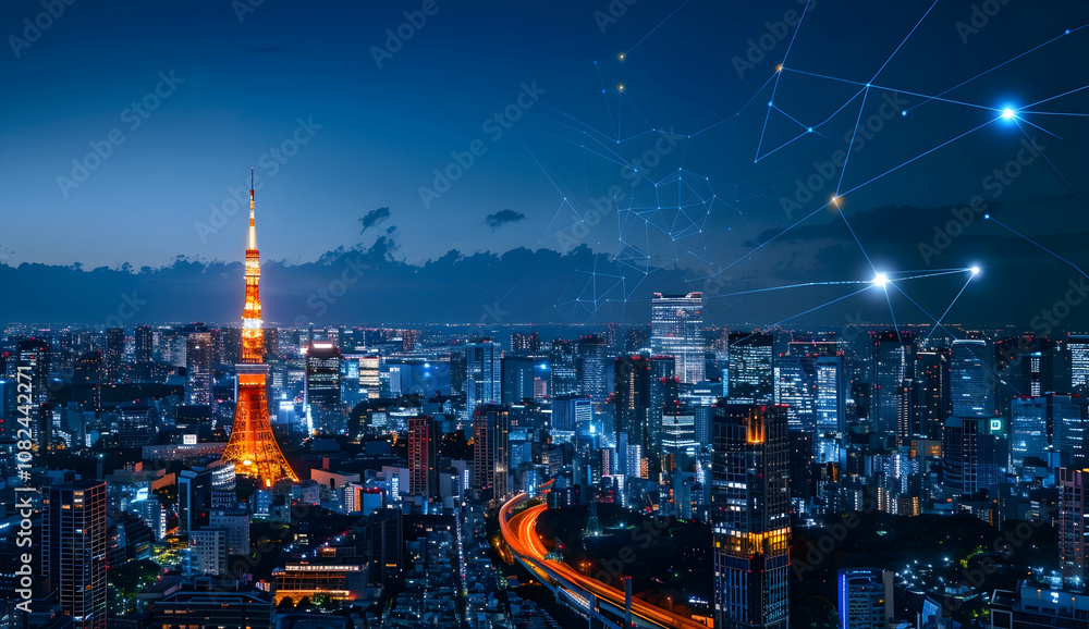 Obraz premium A cityscape at night with glowing lines of digital connections linking buildings across the landscape, symbolizing modern technology and global connectivity