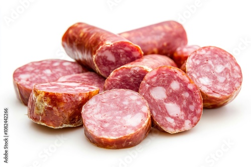 cooked boiled ham sausage or rolled bologna slices isolated on white background cutout - generative ai