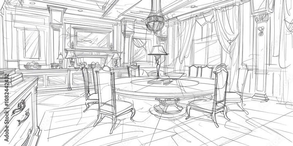 An interior design sketch with artistic lines of a bohemian living space An interior design sketch with artistic lines of a bohemian living space