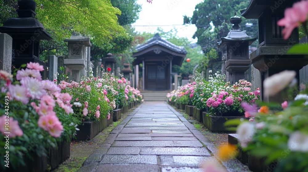 Obraz premium A stone pathway lined with pink flowers leads to a traditional Japanese shrine.