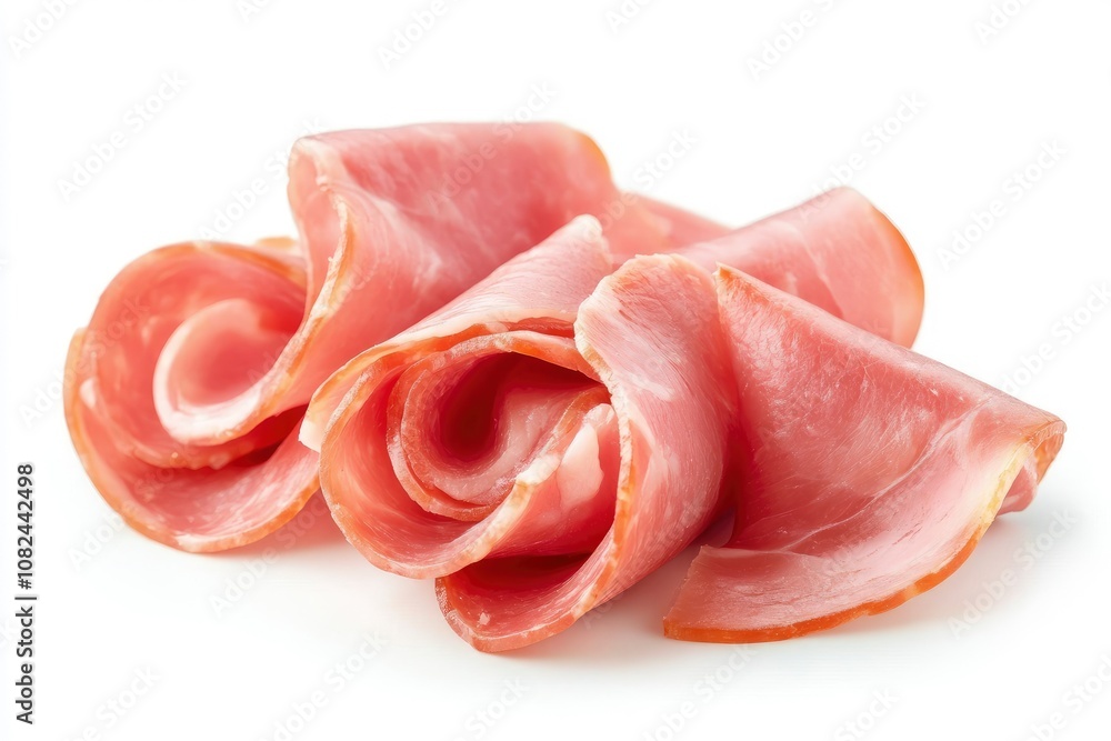 cooked boiled ham sausage or rolled bologna slices isolated on white background cutout - generative ai cooked boiled ham sausage or rolled bologna slices isolated on white background cutout - generative ai