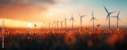 Wind turbines framed by flourishing wildflowers scenic landscape photography natural environment vibrant viewpoint renewable energy renewal