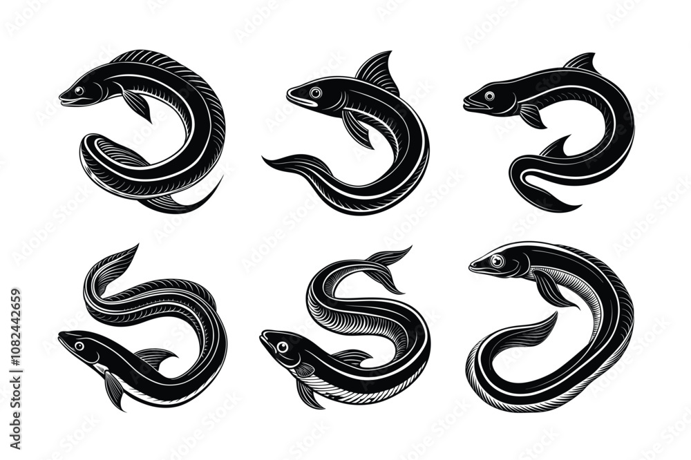 eel fish logo vector design, labeled line art and linocut silhouette illustration. eel fish logo vector design, labeled line art and linocut silhouette illustration.