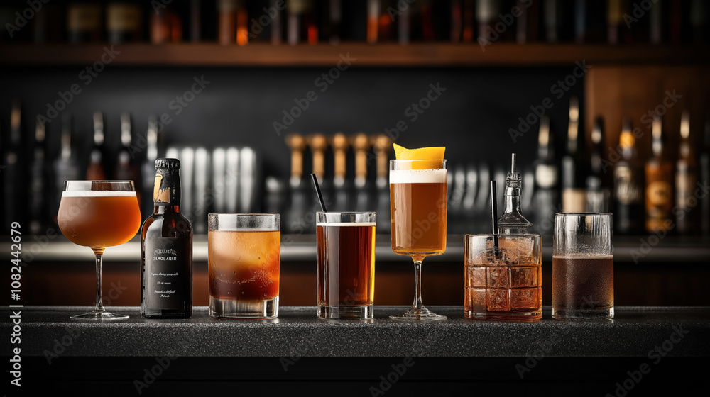 Variety of cocktails and beverages in elegant glasses on a bar counter with blurred background Variety of cocktails and beverages in elegant glasses on a bar counter with blurred background
