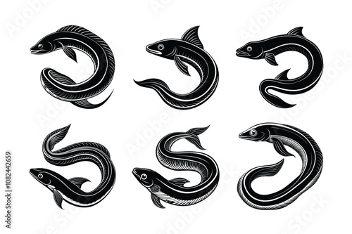 eel fish logo vector design, labeled line art and linocut silhouette illustration.