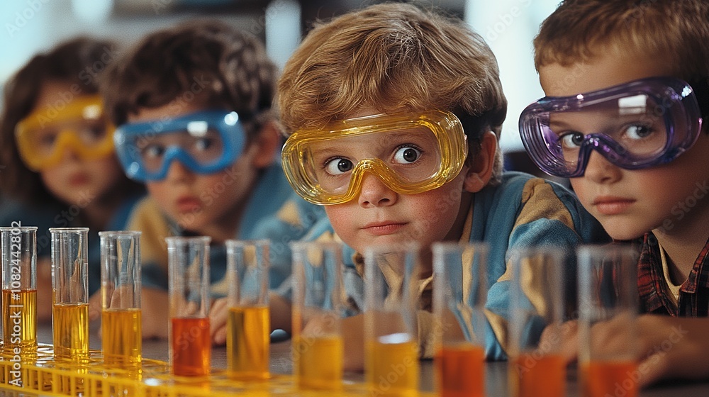 group of kids wearing safety goggles, excitedly conducting a chemistry experiment in a classroom group of kids wearing safety goggles, excitedly conducting a chemistry experiment in a classroom