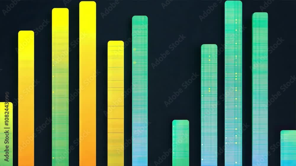 Colorful Abstract Bars Sound Waves and Data Visualization in Vibrant Yellow and Green Hues Against Dark Background, Creating Dynamic Energy and Visual Appeal. Colorful Abstract Bars Sound Waves and Data Visualization in Vibrant Yellow and Green Hues Against Dark Background, Creating Dynamic Energy and Visual Appeal.
