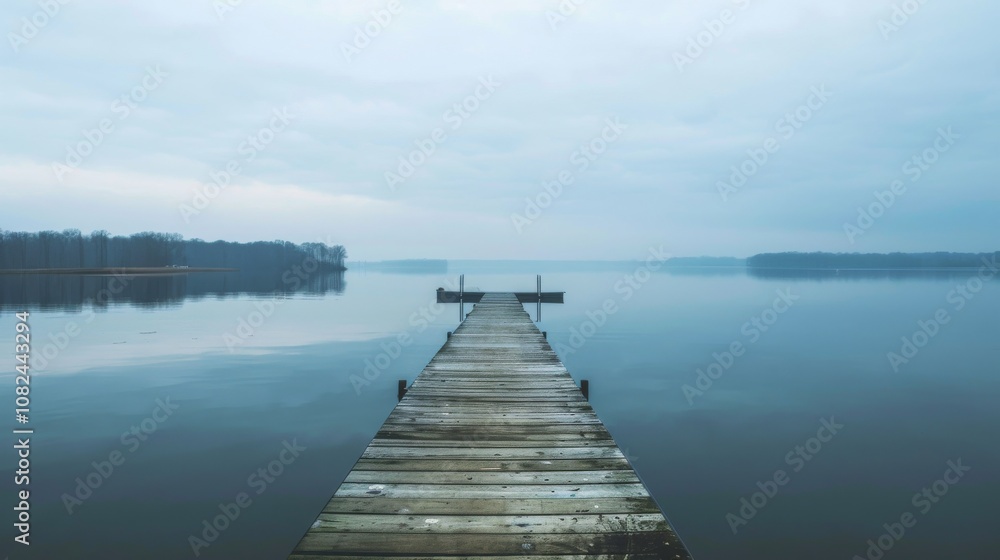 A spacious fishing dock extending into a serene lake, displaying a solitary fishing dock surrounded by calm, reflective waters