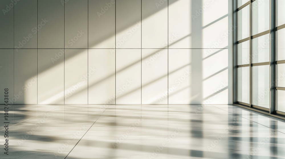 Minimalistic empty room with white panels and soft light reflections Minimalistic empty room with white panels and soft light reflections