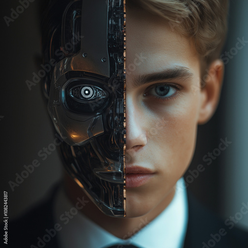 Businessman half of his face human half is an AI robot