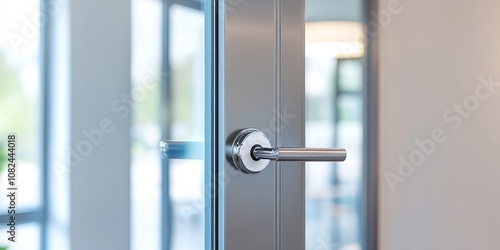 A close-up of a modern door handle on a glass door, showcasing sleek design and functionality.