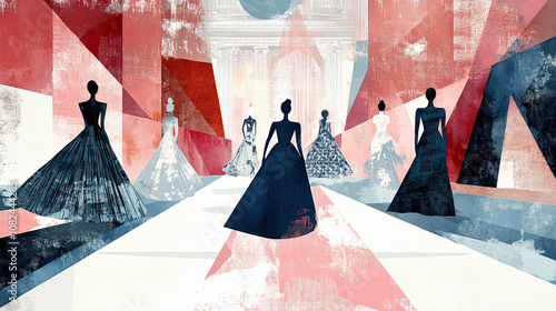Elegant fashion runway illustration with models in haute couture dresses