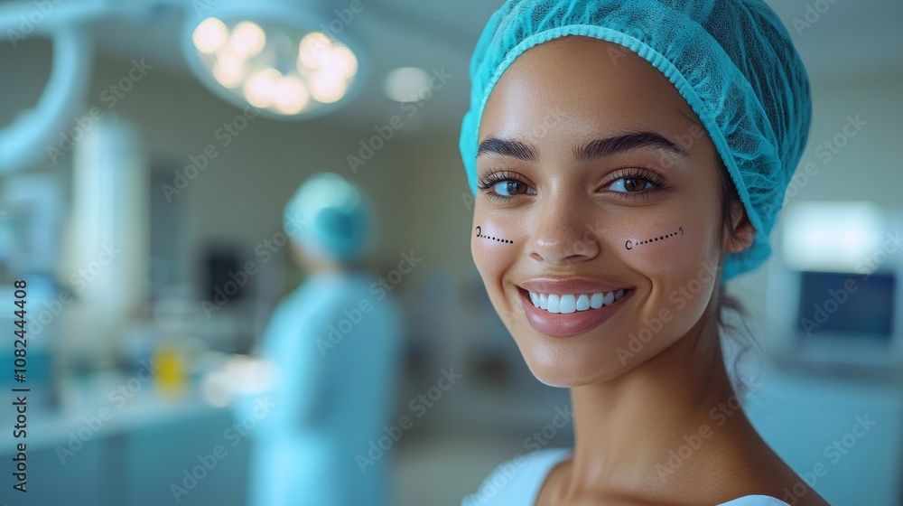 Surgeon prepares patient for cheek implant surgery in a clinical setting Surgeon prepares patient for cheek implant surgery in a clinical setting
