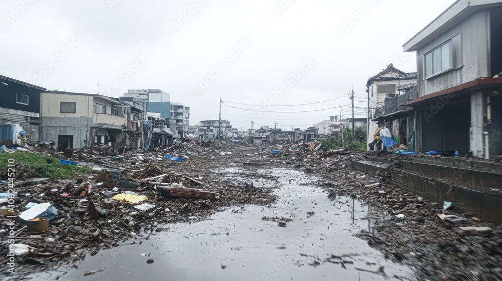 Fototapeta premium A flooded street with debris and trash