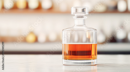 A glass bottle of liquor sits on a counter