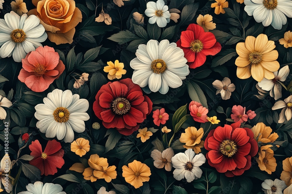 A vibrant, lush floral pattern featuring a variety of colorful flowers and leaves, creating a beautiful and organic backdrop. A vibrant, lush floral pattern featuring a variety of colorful flowers and leaves, creating a beautiful and organic backdrop.