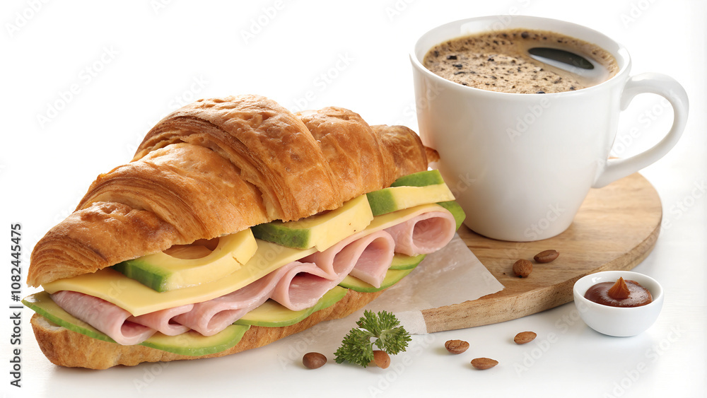 A sandwich croissant with ham, cheese, and avocado, along with a cup of coffee.
A sandwich croissant with ham, cheese, and avocado, along with a cup of coffee.