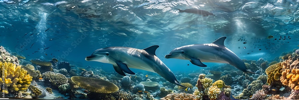Fototapeta premium Dolphins Swimming Through a Coral Reef