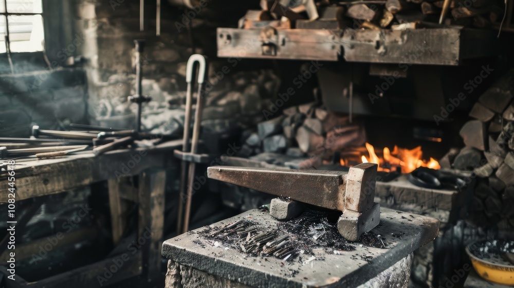 A tidy blacksmithing setup in a rustic forge, Anvil and hammers carefully arranged, Vintage industrial style A tidy blacksmithing setup in a rustic forge, Anvil and hammers carefully arranged, Vintage industrial style