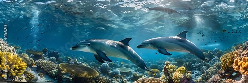 Dolphins Swimming Through a Coral Reef