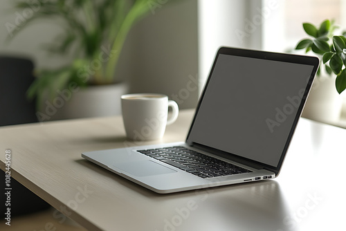 A minimalist photo of a table with an laptop, a cup of coffee, and a planner, set against a backdrop of soft, muted colors, creating a clean and peaceful workspace.