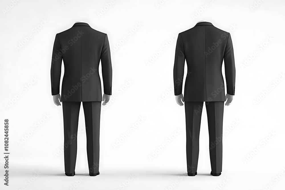 Two formal black suits displayed from the back, showcasing a professional attire design. Two formal black suits displayed from the back, showcasing a professional attire design.