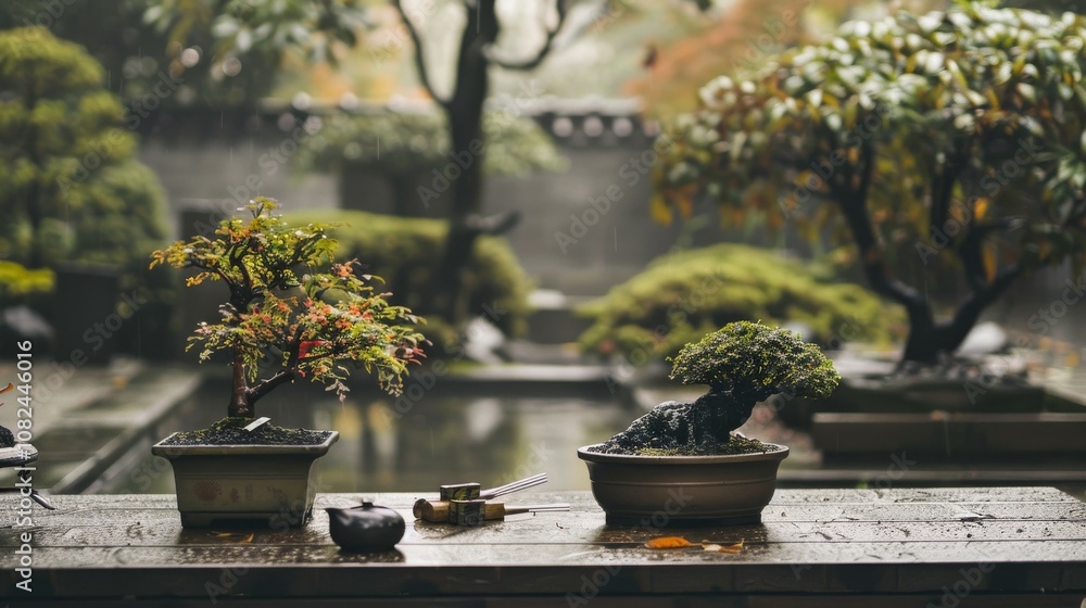 A tidy bonsai cultivation setup in a serene courtyard, Bonsai tools and trees neatly arranged, Zen minimalist style A tidy bonsai cultivation setup in a serene courtyard, Bonsai tools and trees neatly arranged, Zen minimalist style