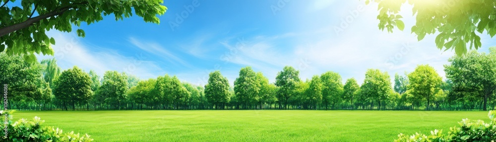 A serene landscape featuring lush green trees under a clear blue sky.