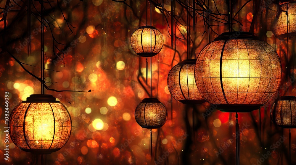 Fototapeta premium Red lanterns, red background, 3D, advanced, best picture quality, bright picture. generative ai
