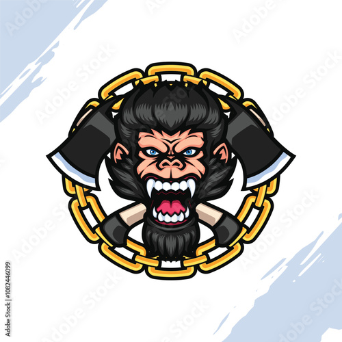 Gorilla Head with Gold Chain and Crossed Axes Vector Mascot