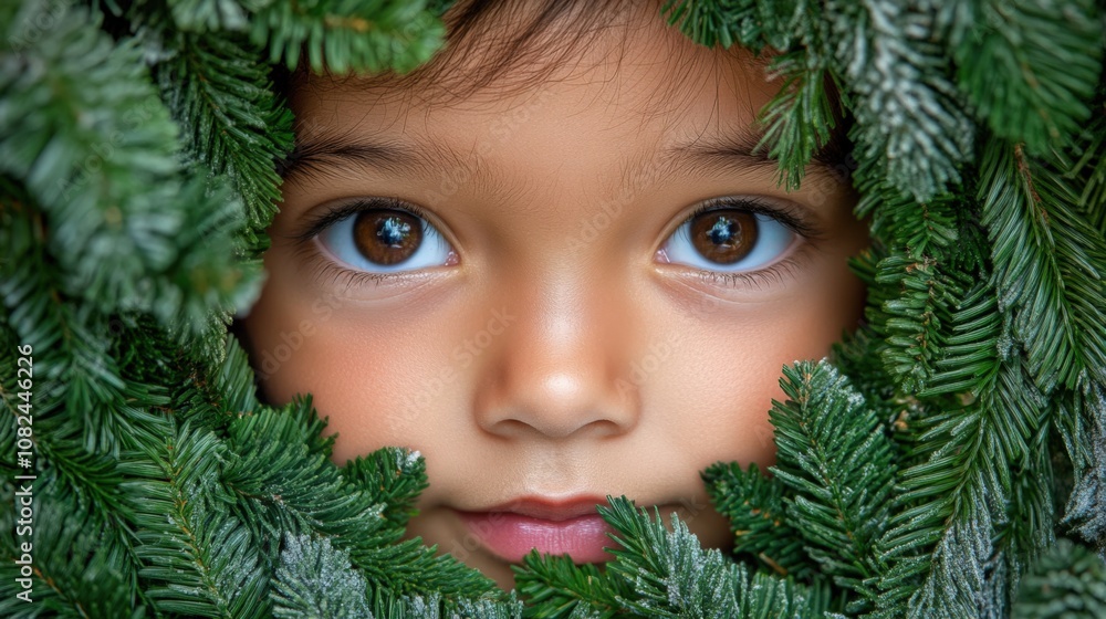 Enchanting Child Framed by Lush Evergreen Foliage Enchanting Child Framed by Lush Evergreen Foliage