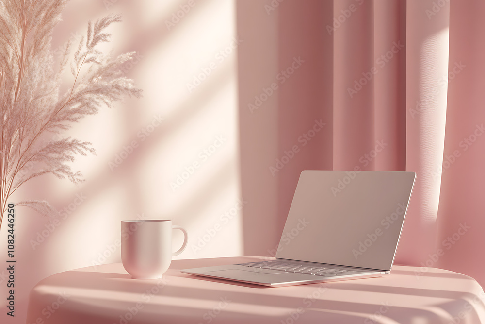 A minimalist photo of a table with an laptop, a cup of coffee, and a planner, set against a backdrop of soft, muted colors, creating a clean and peaceful workspace. A minimalist photo of a table with an laptop, a cup of coffee, and a planner, set against a backdrop of soft, muted colors, creating a clean and peaceful workspace.