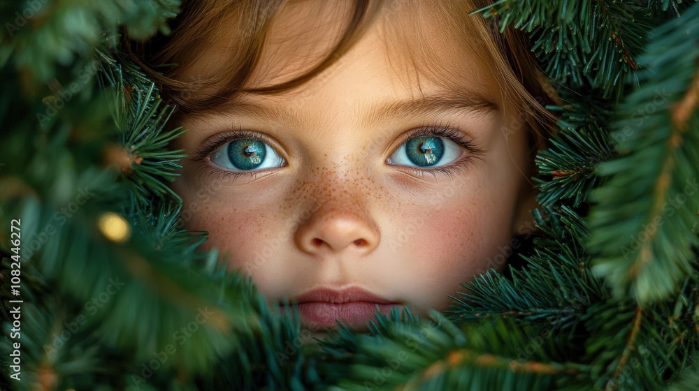 Captivating Child Portrait Framed by Evergreen Foliage Captivating Child Portrait Framed by Evergreen Foliage