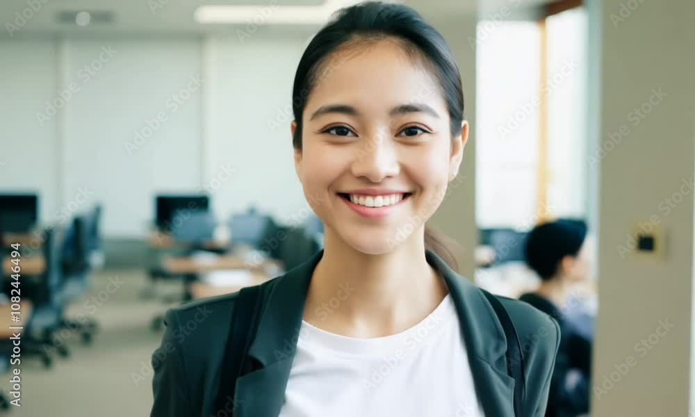 Woman walking through the office with a smile on her face Woman walking through the office with a smile on her face