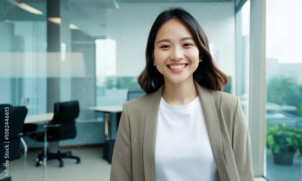 Woman walking through the office with a smile on her face Woman walking through the office with a smile on her face