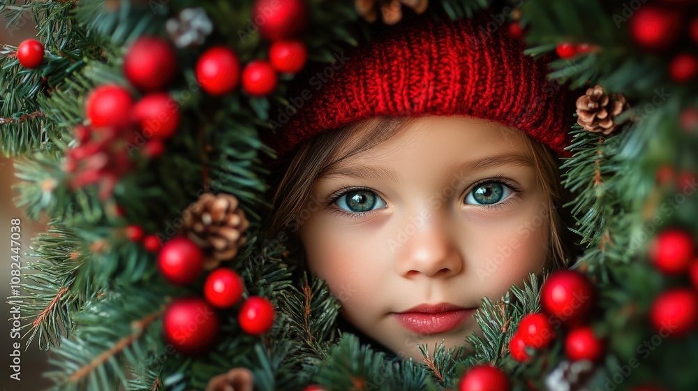 Charming Child in Holiday Wreath with Red Beanie and Glittering Eyes Charming Child in Holiday Wreath with Red Beanie and Glittering Eyes
