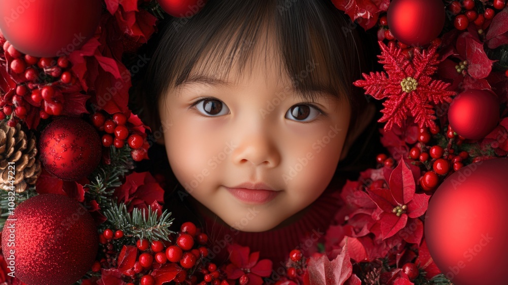 Charming Child Surrounded by Festive Holiday Decorations Charming Child Surrounded by Festive Holiday Decorations