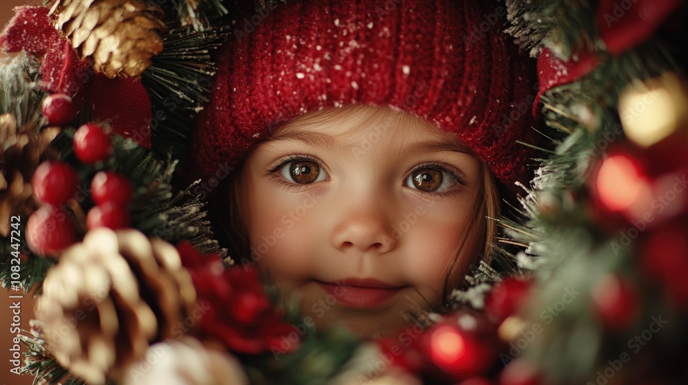 Charming Girl Framed by a Festive Christmas Wreath Charming Girl Framed by a Festive Christmas Wreath