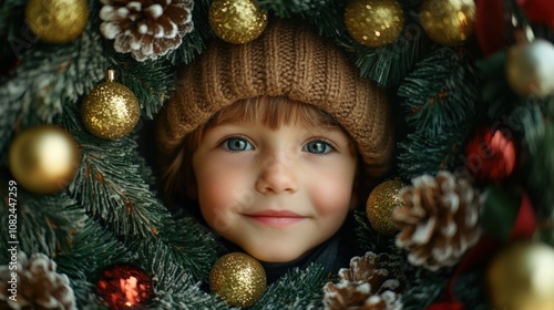 Joyful Child Framed by a Festive Holiday Wreath