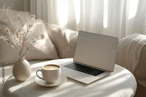 A minimalist photo of a table with an laptop, a cup of coffee, and a planner, set against a backdrop of soft, muted colors, creating a clean and peaceful workspace.