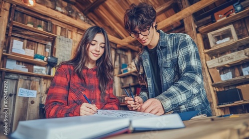 A Young Man and Woman Collaborate on a Creative Project in a Cozy, Rustic Workspace Surrounded by Wood Walls and Natural Decor photo