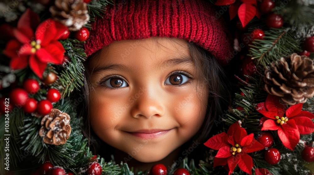 Joyful Child Framed by a Christmas Wreath with Holiday Cheer Joyful Child Framed by a Christmas Wreath with Holiday Cheer