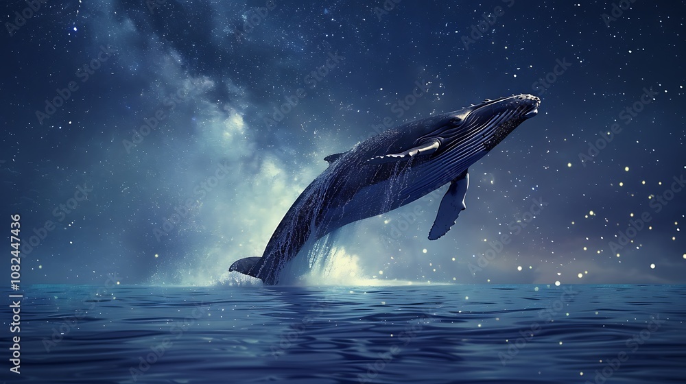 Obraz premium Whale Leaping Through the Stars: A Majestic Nighttime Scene