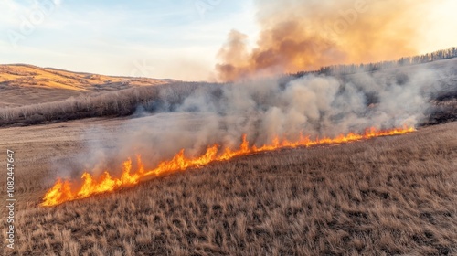 Wide landscape view of a grassland wildfire with flames and smoke spreading across dry vegetation under a clear sky in a rural area. photo