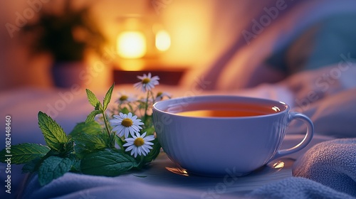 Relaxing Chamomile and Peppermint Tea on Bedside Table for Evening Calm