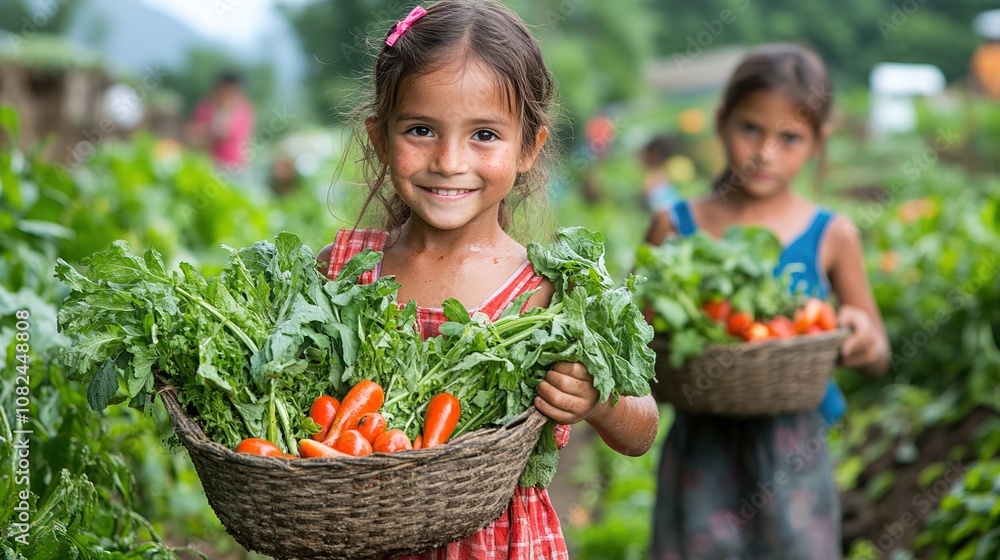 Children gathering vegetables from a farm garden, proudly carrying baskets of fresh produce Children gathering vegetables from a farm garden, proudly carrying baskets of fresh produce