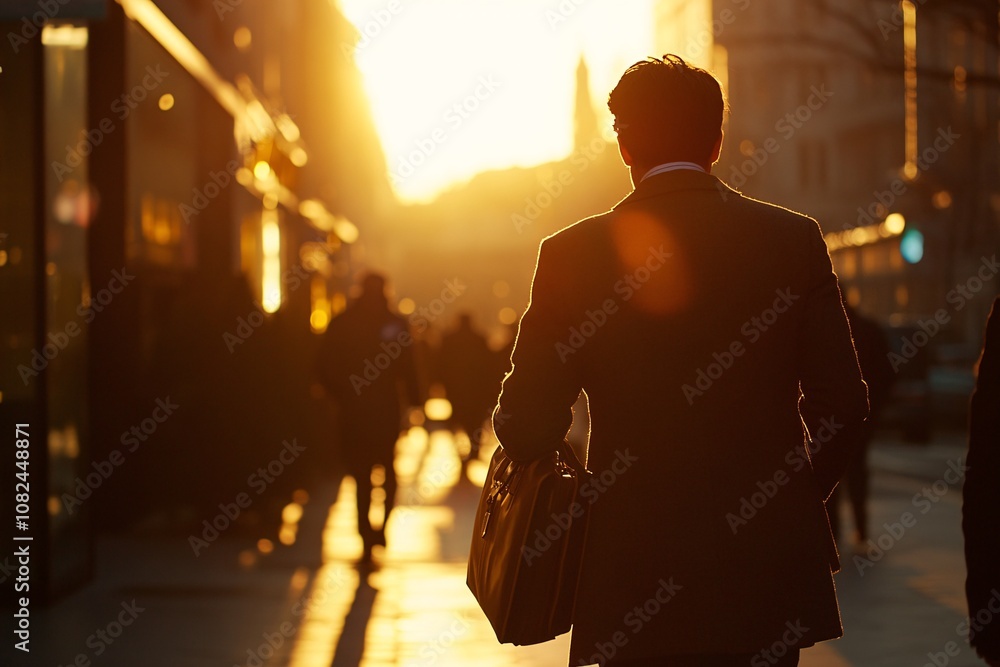 Businessman with briefcase, back view, walking at sunset through city, warm golden light, elegant suit, medium close-up 2 Businessman with briefcase, back view, walking at sunset through city, warm golden light, elegant suit, medium close-up 2