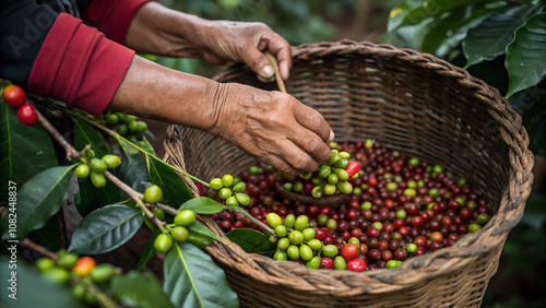 A coffee picker places fresh beans in front of a basket.
