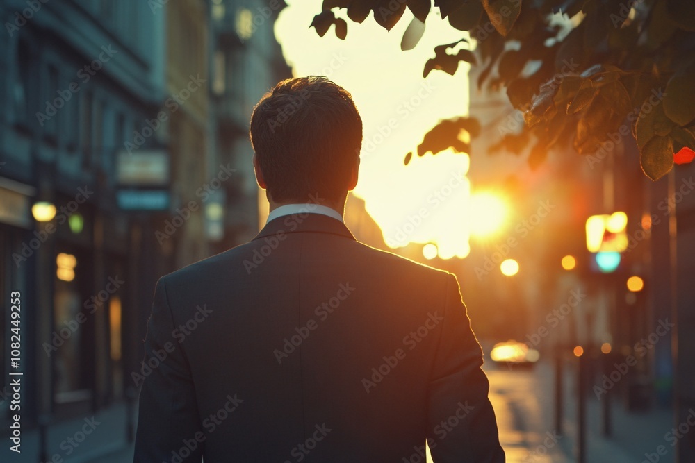 Businessman seen from behind walking in a vibrant city street, warm sunset, elegant suit, gentle evening light, medium close-up 1 Businessman seen from behind walking in a vibrant city street, warm sunset, elegant suit, gentle evening light, medium close-up 1