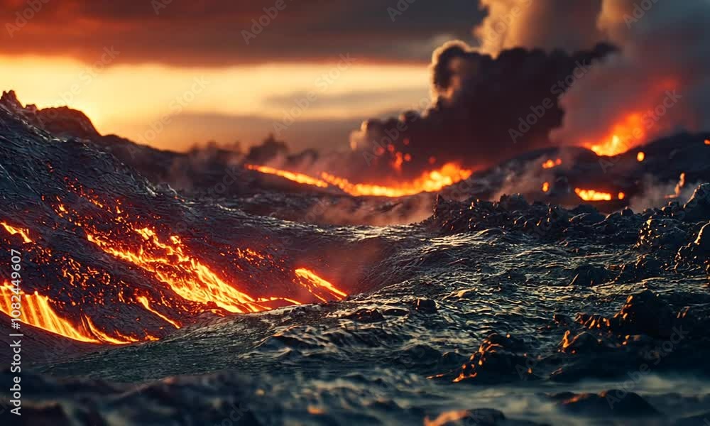 Dramatic Eruption of Lava Flowing Downside a Volcanic Landscape with Fiery Colors Against a Stunning Sunset Sky Dramatic Eruption of Lava Flowing Downside a Volcanic Landscape with Fiery Colors Against a Stunning Sunset Sky